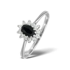 Sapphire 6 X 4mm And Diamond 9K White Gold Ring A4437