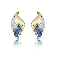 Sapphire 4mm X 2mm And Diamond 9K Yellow Gold Earrings