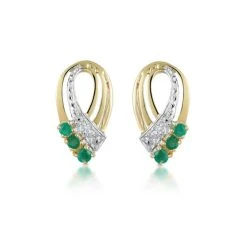Emerald 8 X 15mm And Diamond 9K Yellow Gold Earrings