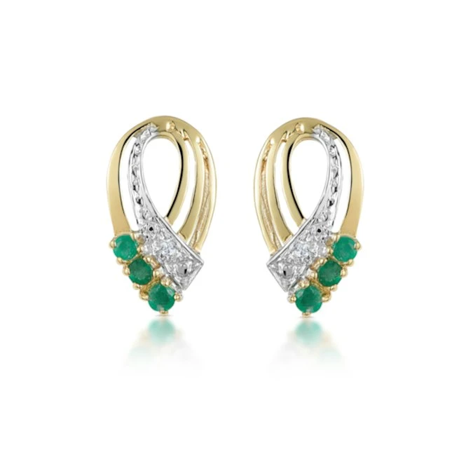 Emerald 8 X 15mm And Diamond 9K Yellow Gold Earrings 1 Emerald 8 X 15mm And Diamond 9K Yellow Gold Earrings