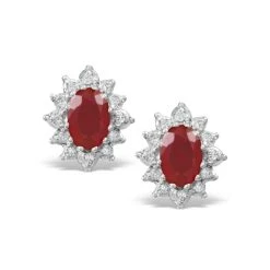 Ruby 6 X 4mm And Diamond Cluster 9K Yellow Gold Earrings