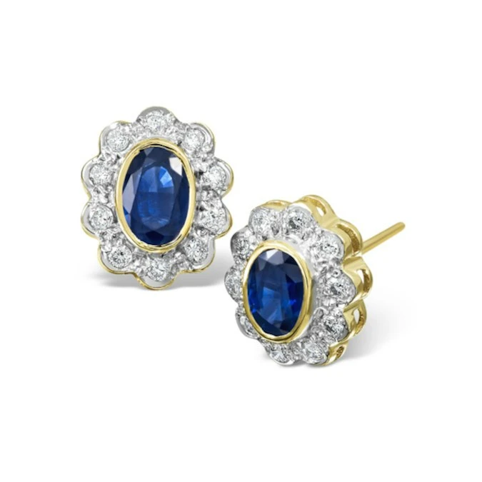 Sapphire 6mm X 4mm And Diamond 9K Yellow Gold Earrings B3430 1 Sapphire 6mm X 4mm And Diamond 9K Yellow Gold Earrings B3430