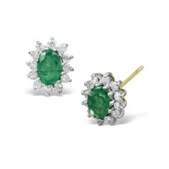 Emerald 6 X 4mm And Diamond 18K Yellow Gold Earrings