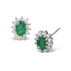Emerald 6 X 4mm And Diamond 18K White Gold Earrings