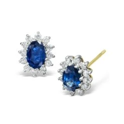 Sapphire 6mm X 4mm And Diamond 18K Yellow Gold Earrings