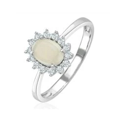 Opal 7 X 5mm And Diamond 9K White Gold Ring